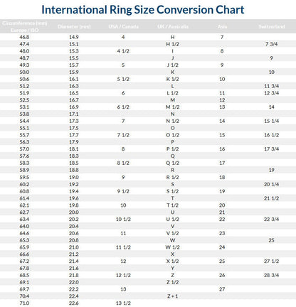 International ring size conversion chart showing ring sizes in various measurements including Europe/ISO, USA/Canada, UK/Australia, Asia, and Switzerland.