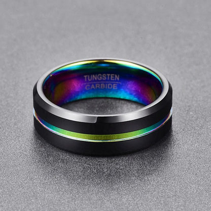 Iridescent wedding ring with black and rainbow Tungsten, comfort fit design.