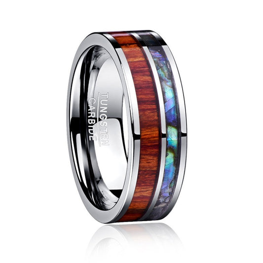 Koa ring featuring a silver Tungsten band with a Koa wood and abalone shell inlay.