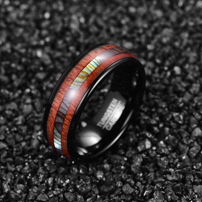 Koa wood ring with abalone shell inlay, black Tungsten, 8mm domed band, comfort fit.