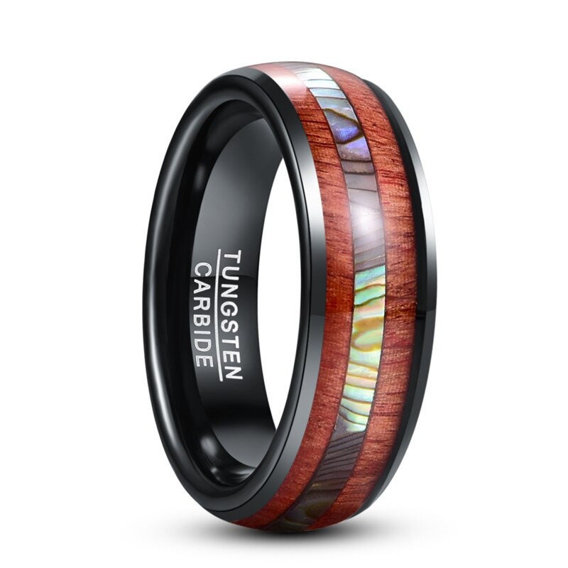 8mm black Tungsten koa wood ring with abalone shell inlay, domed design, rounded edges, comfort fit.