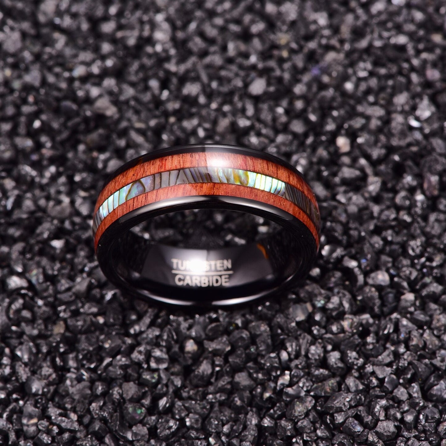 8mm black Tungsten koa wood ring with rounded edges and abalone inlay, comfort fit.