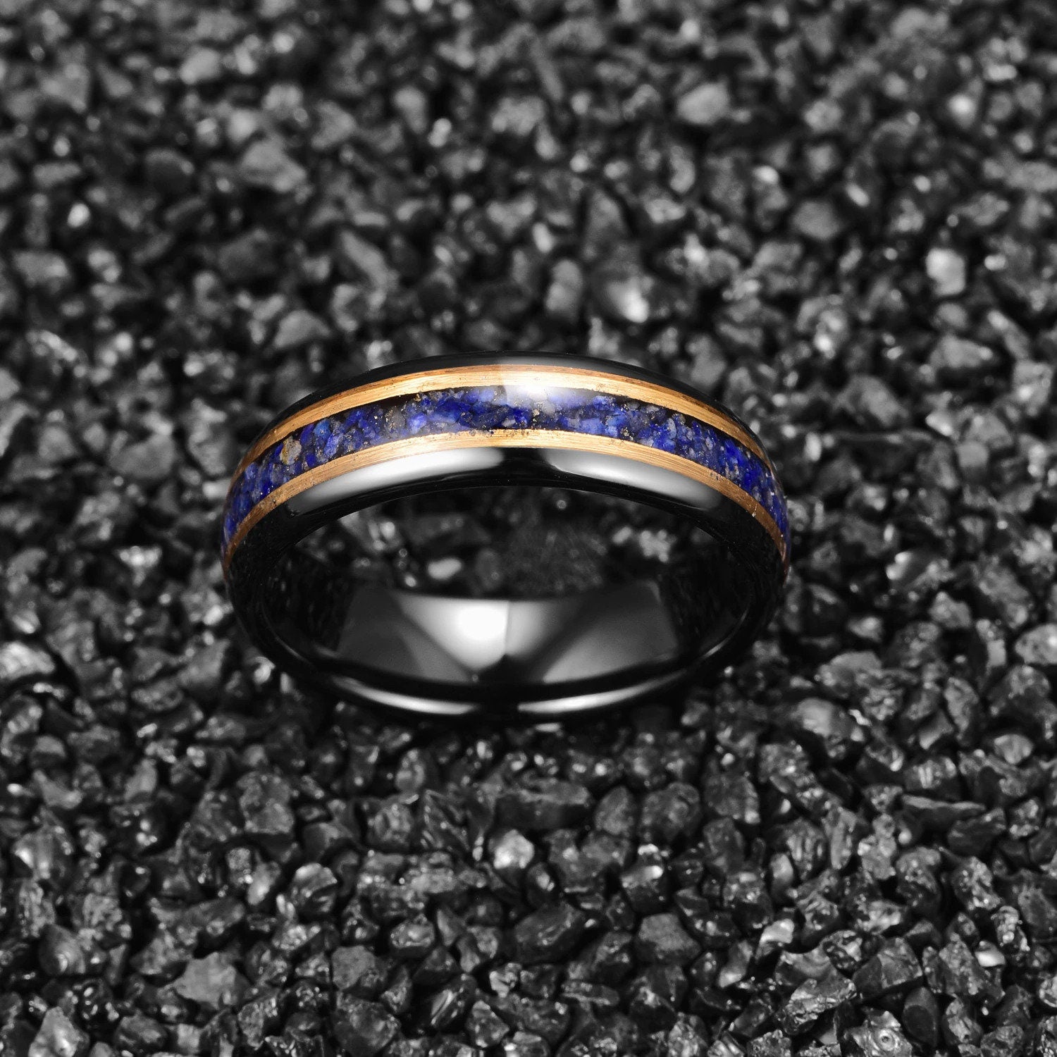 Lapis Lazuli gold backdrop ring, set in polished black Tungsten, featuring resin over the inlay for protection.