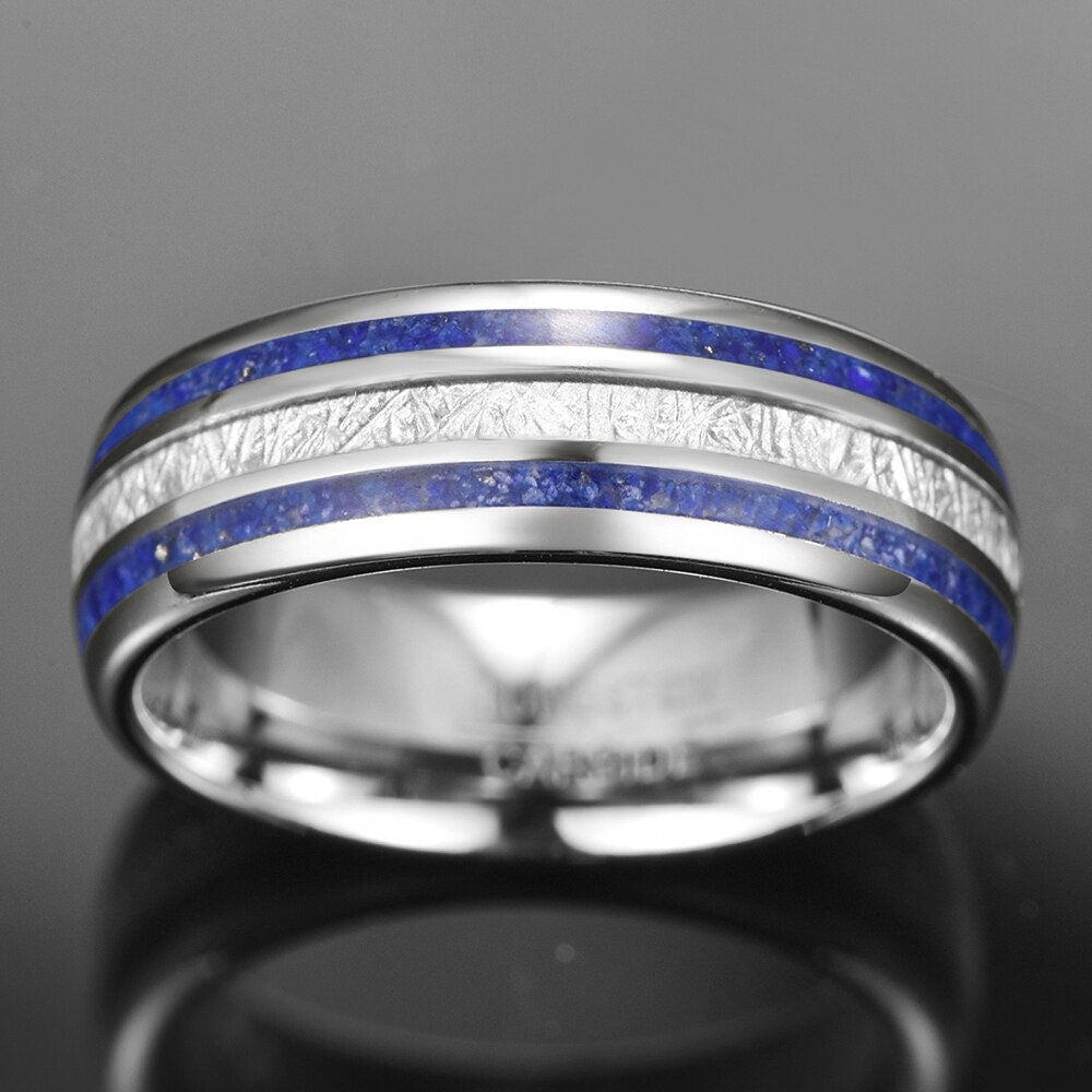 Lapis Lazuli ring mens with a silver Tungsten band.