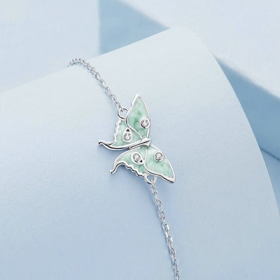 Luna moth jewelry, showing a bracelet crafted from sterling silver.