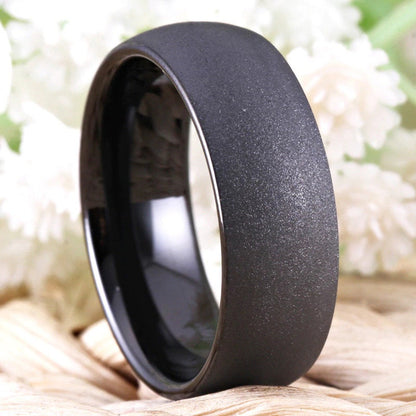 Matte black wedding band in black Tungsten with a sandblasted finish.