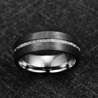 Men’s carbon fiber wedding ring featuring Gibeon meteorite set in durable Tungsten.