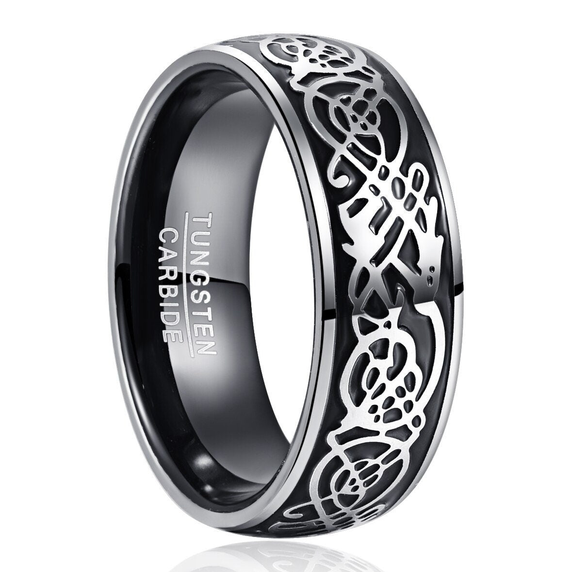 Mens Celtic ring in black Tungsten with a silver Celtic dragon design.