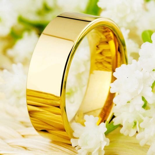 Mens Tungsten wedding bands crafted from gold Tungsten with an 8mm flat band.