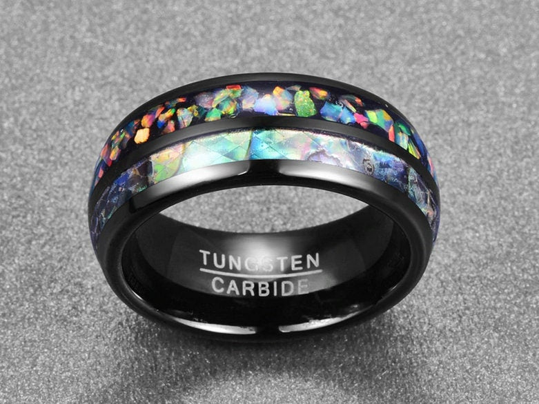 Men's abalone ring with black Tungsten, featuring opal and abalone shell inlay.