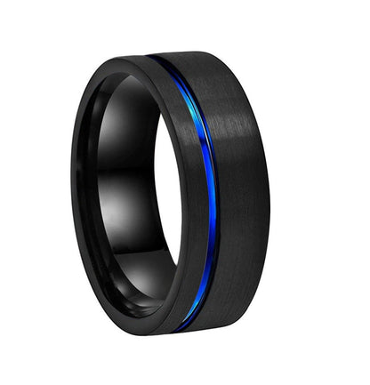 Mens black and blue wedding rings with a black Tungsten band and blue stripe.