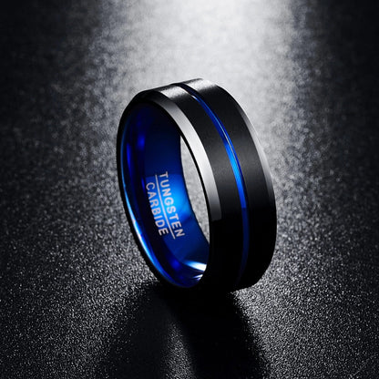 Mens black wedding bands with blue, crafted from Tungsten with beveled edges.