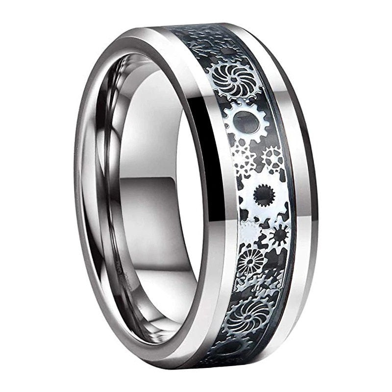 8mm silver Tungsten mens cog ring with beveled edges and black carbon fiber inlay, comfort fit.