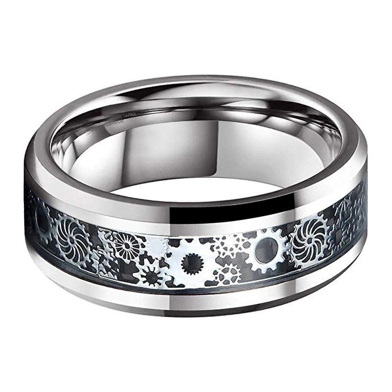 Silver Tungsten mens cog ring, flat profile, beveled edges, black carbon fiber inlay, 8mm comfort fit.