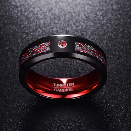 Mens dragon ring jewelry in Celtic style with black and red Tungsten, red stone.