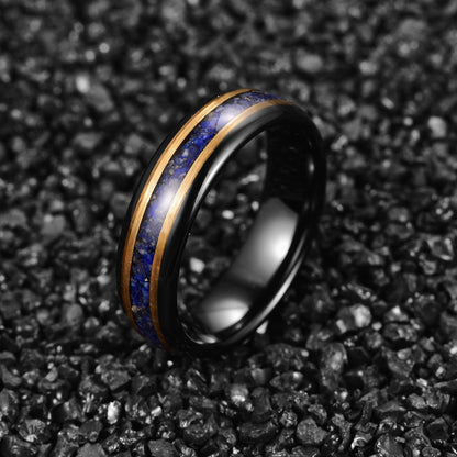 Men's gemstone wedding bands with Lapis Lazuli inlay, set in a polished black Tungsten band.