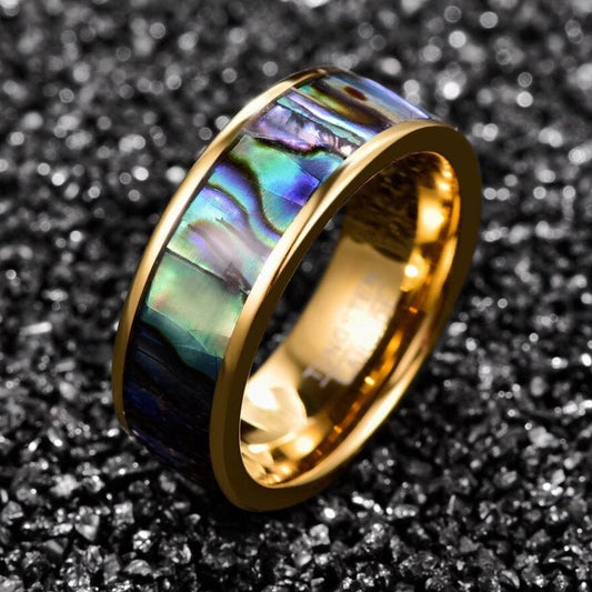 Mens gold wedding bands with natural abalone shell inlay.