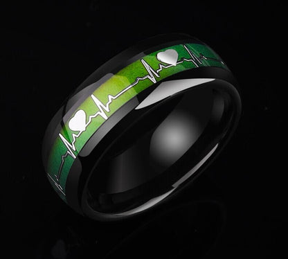 Mens mood ring featuring green heartbeat design on black Tungsten band.