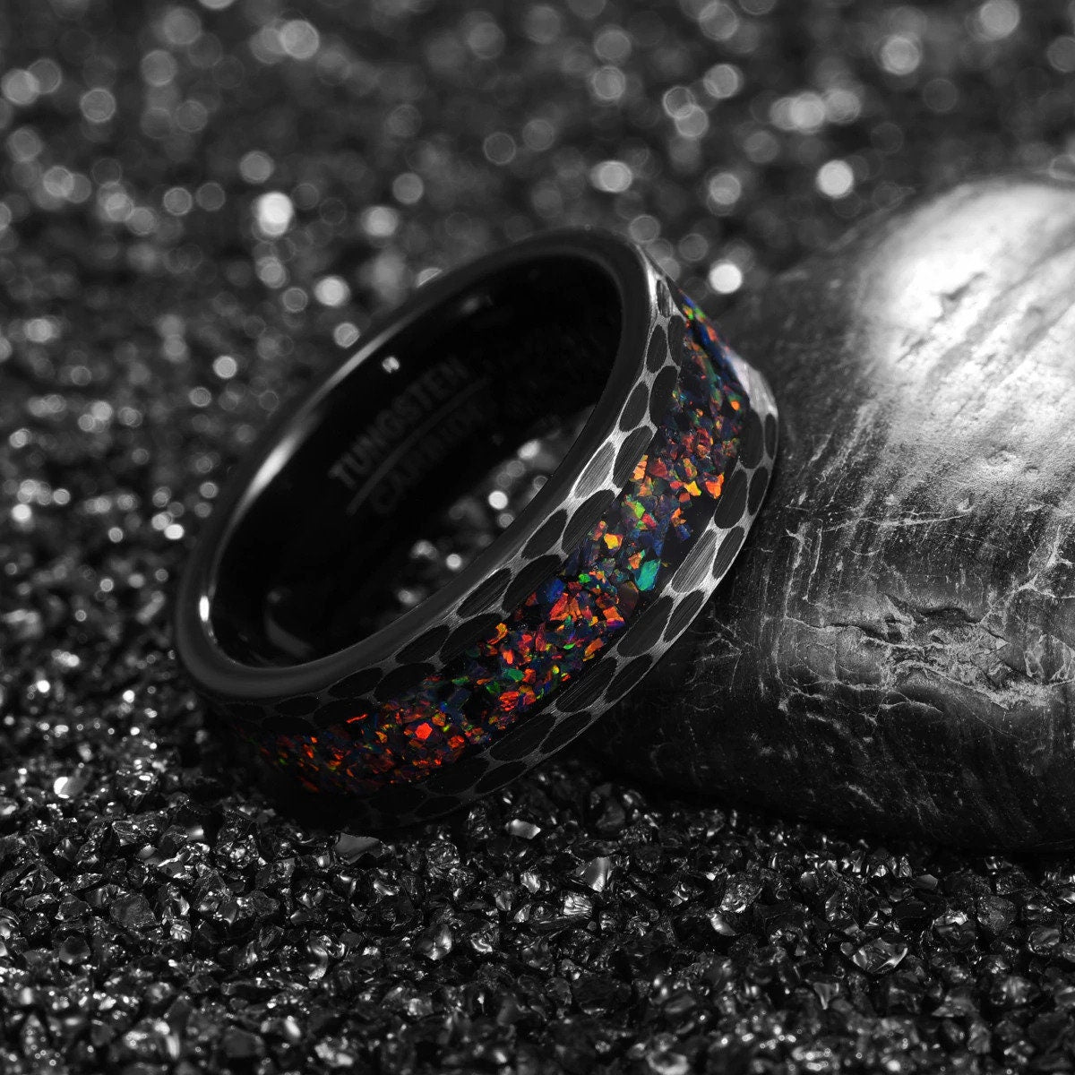 Mens opal ring with vibrant black fire opal inlay.