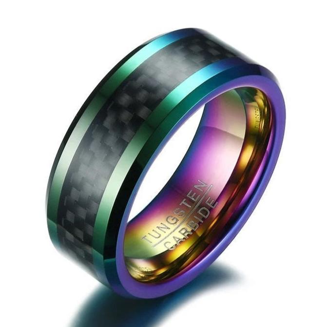 Mens rainbow ring with black carbon fiber inlay and an 8mm comfort fit band.