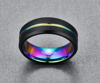 Men's rainbow ring crafted with black Tungsten exterior, and rainbow Tungsten interior.