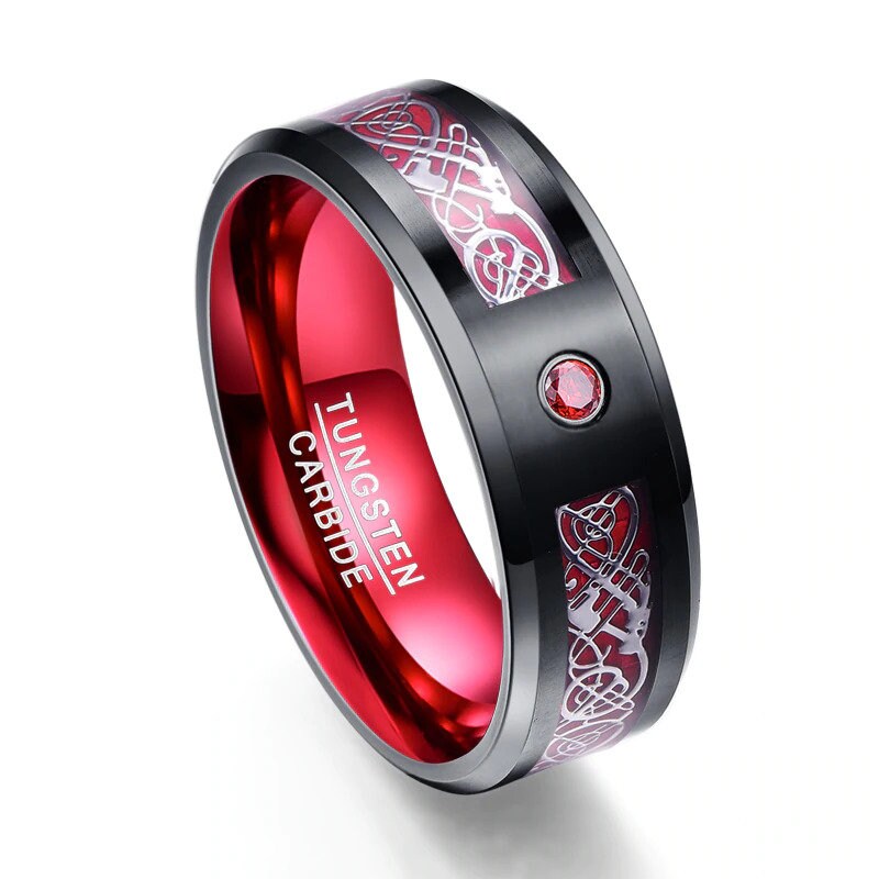 Mens red stone ring with Celtic dragon inlay and black Tungsten exterior.