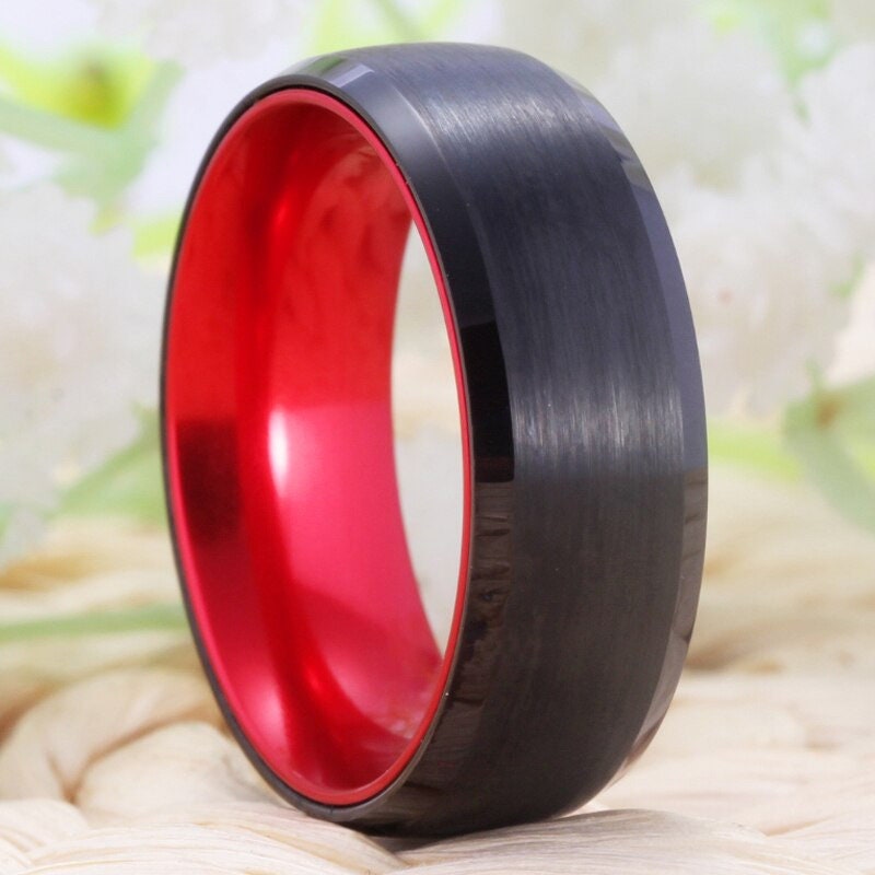 Mens rings black and red with brushed black Tungsten exterior and bold red interior.