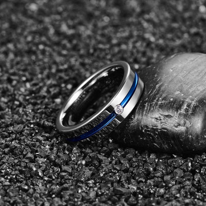 Mens rings with gemstones, featuring a blue stripe and cubic zirconia in silver Tungsten.