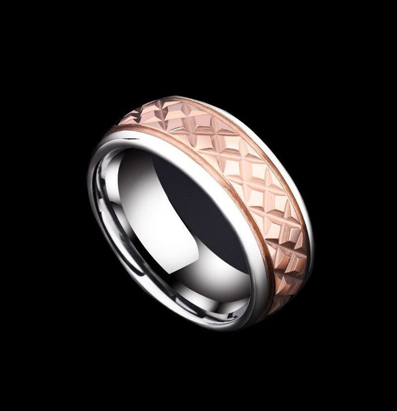 Mens textured wedding bands with a diamond pattern, crafted in silver and rose gold Tungsten.