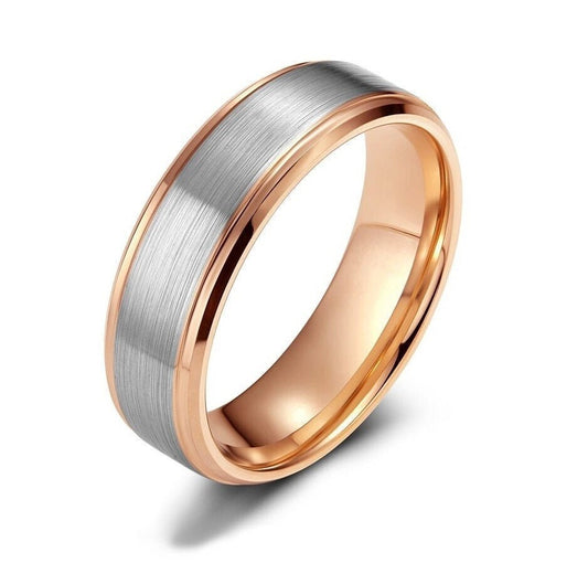 Mens tungsten and rose gold wedding bands in 6mm with comfort fit design.