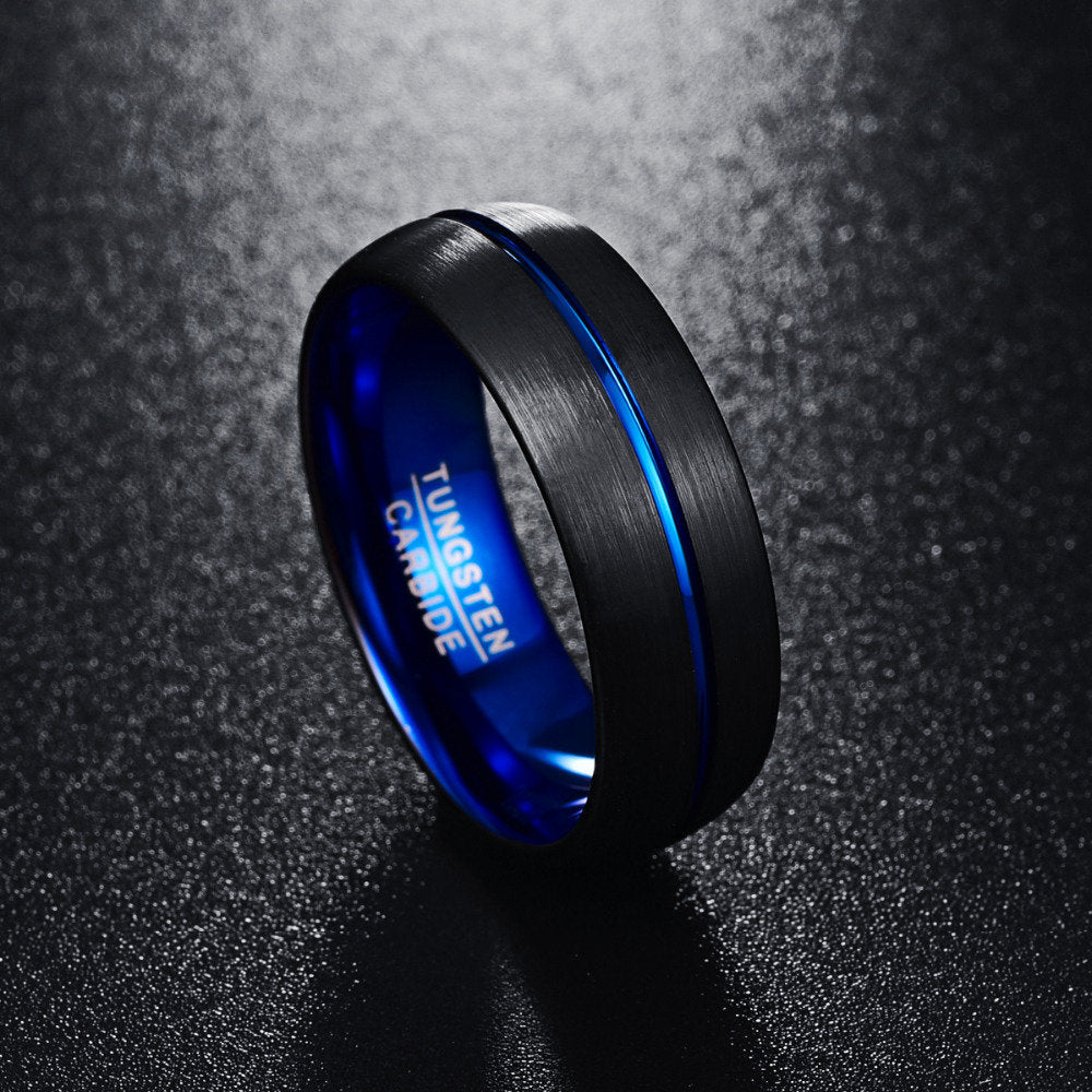 Mens Tungsten rings with a black band, blue stripe, and blue interior.