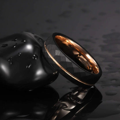 Mens two tone wedding rings with black and rose gold Tungsten for a striking contrast.