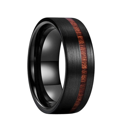 Mens wedding bands with wood, featuring black Tungsten and Sapele wood inlay.