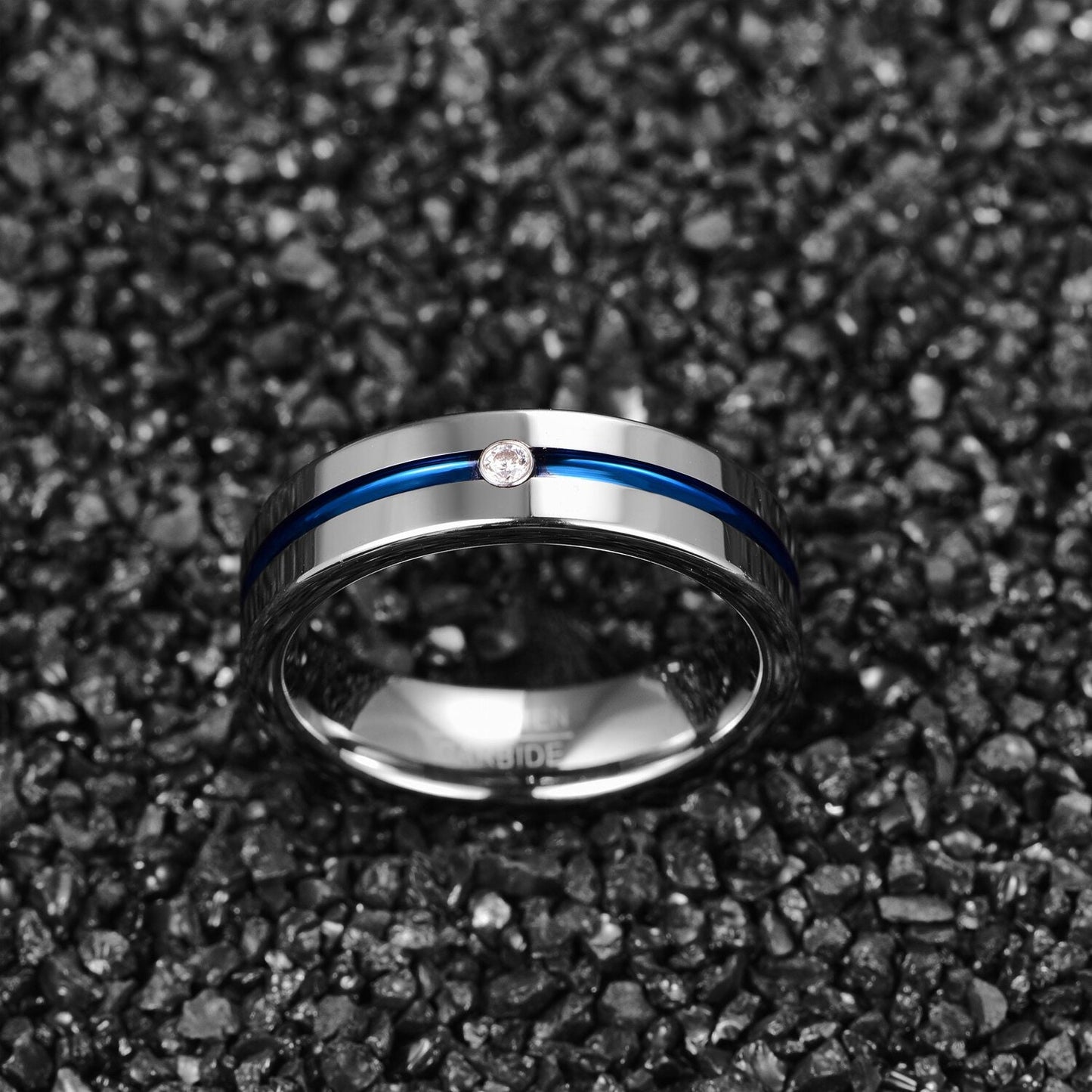 Mens wedding ring with stone, featuring a blue stripe and polished silver Tungsten.