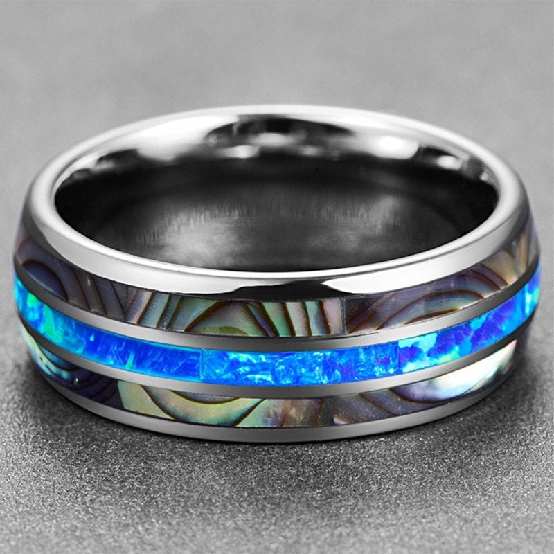 Mens wedding ring with abalone and opal inlay, domed band with comfort fit.