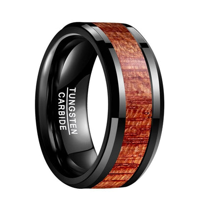 Mens wedding rings with wood crafted in black Tungsten with Mahogany inlay.