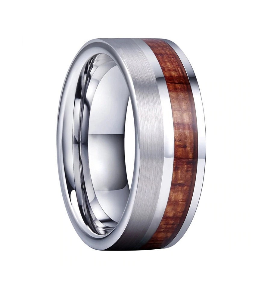 Mens wedding rings wood with silver Tungsten and natural Elm wood inlay.