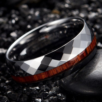 Mens wooden wedding rings in silver Tungsten with a genuine Mahogany wood inlay.