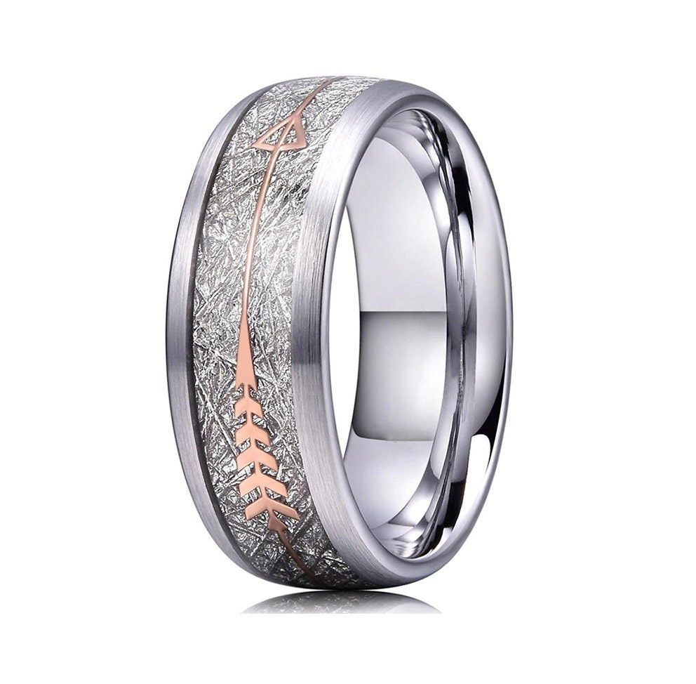 Meteorite mens wedding ring in silver Tungsten with Gibeon meteorite inlay.