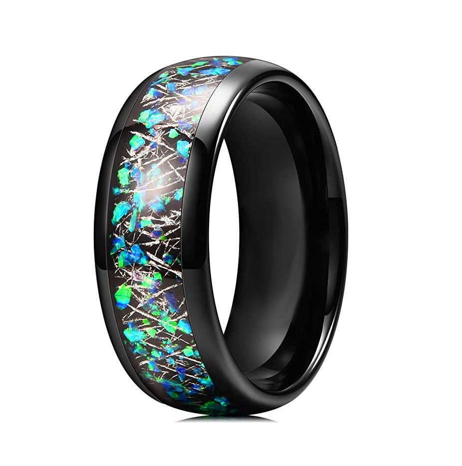 Black Tungsten meteorite stone ring with opal inlay, comfort fit.