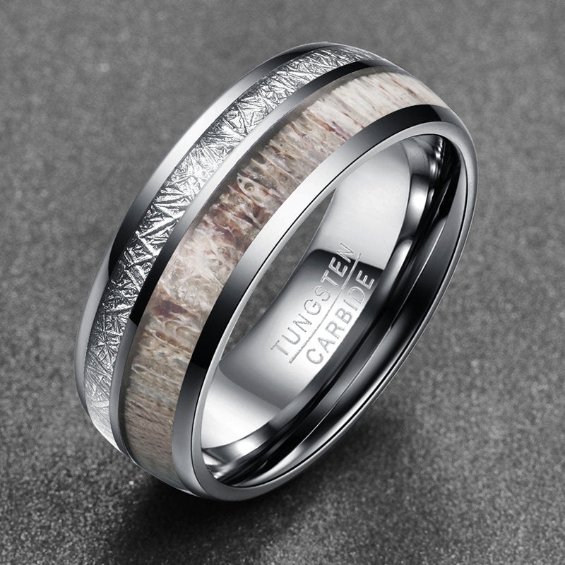 Meteorite wedding band in Tungsten with Gibeon meteorite and deer antler inlays.