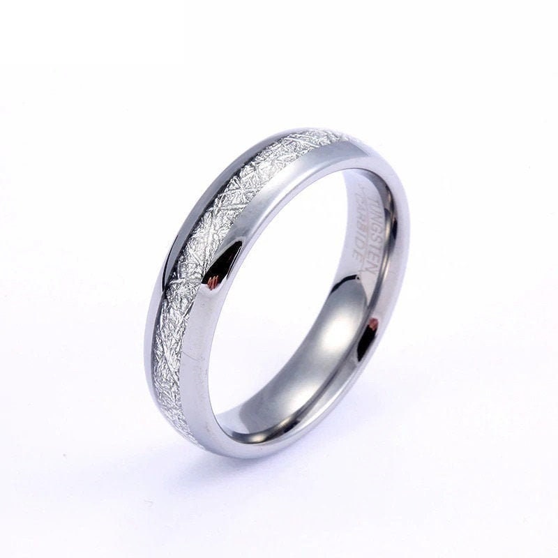 6mm silver Tungsten meteorite wedding ring with Gibeon meteorite inlay.