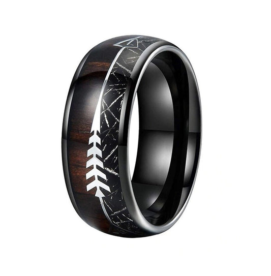 Meteorite and wood wedding ring featuring Gibeon meteorite and ebony wood inlay, comfort fit.