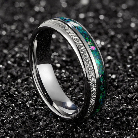 Meteorite engagement ring with silver Tungsten, opal inlay, and Gibeon meteorite.