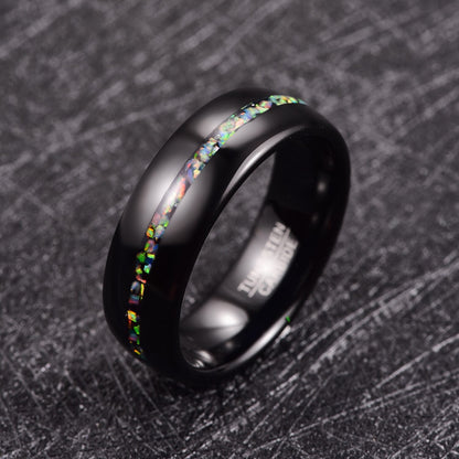 Natural black opal rings with vibrant opal inlay set in polished black Tungsten.