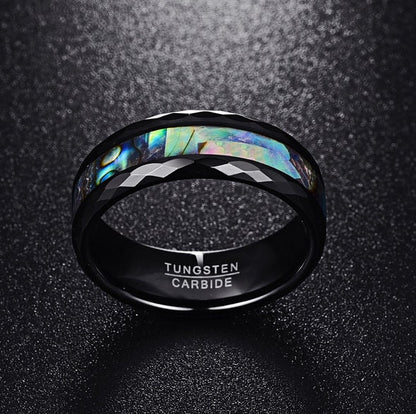 Ocean themed wedding rings with natural abalone inlay and black Tungsten band.