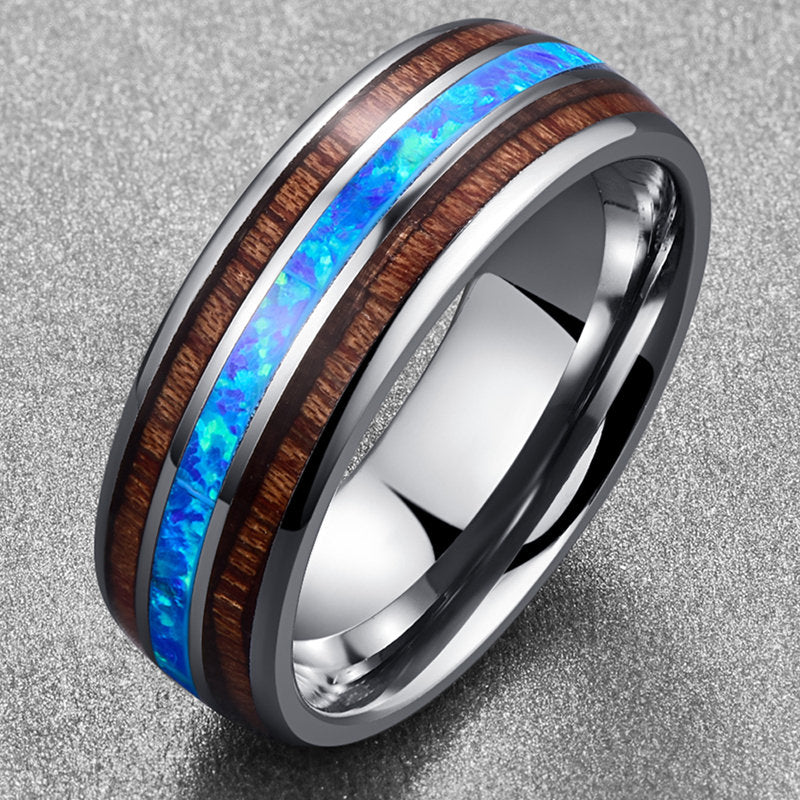 Opal band ring crafted from polished Tungsten with Mahogany wood and opal inlay.