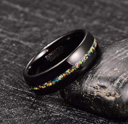 Opal ring black band with a comfort fit design, featuring a natural black opal inlay.