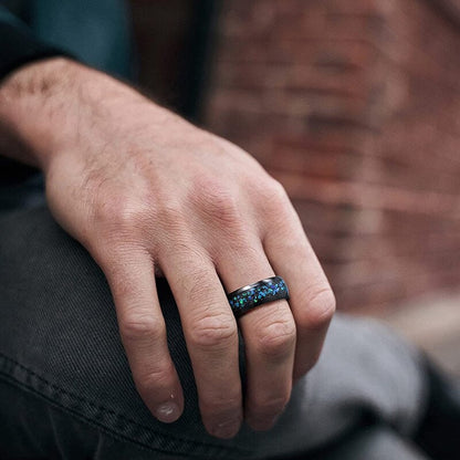 Opal ring set with natural opal and moon dust over black sandstone, 8mm black Tungsten.