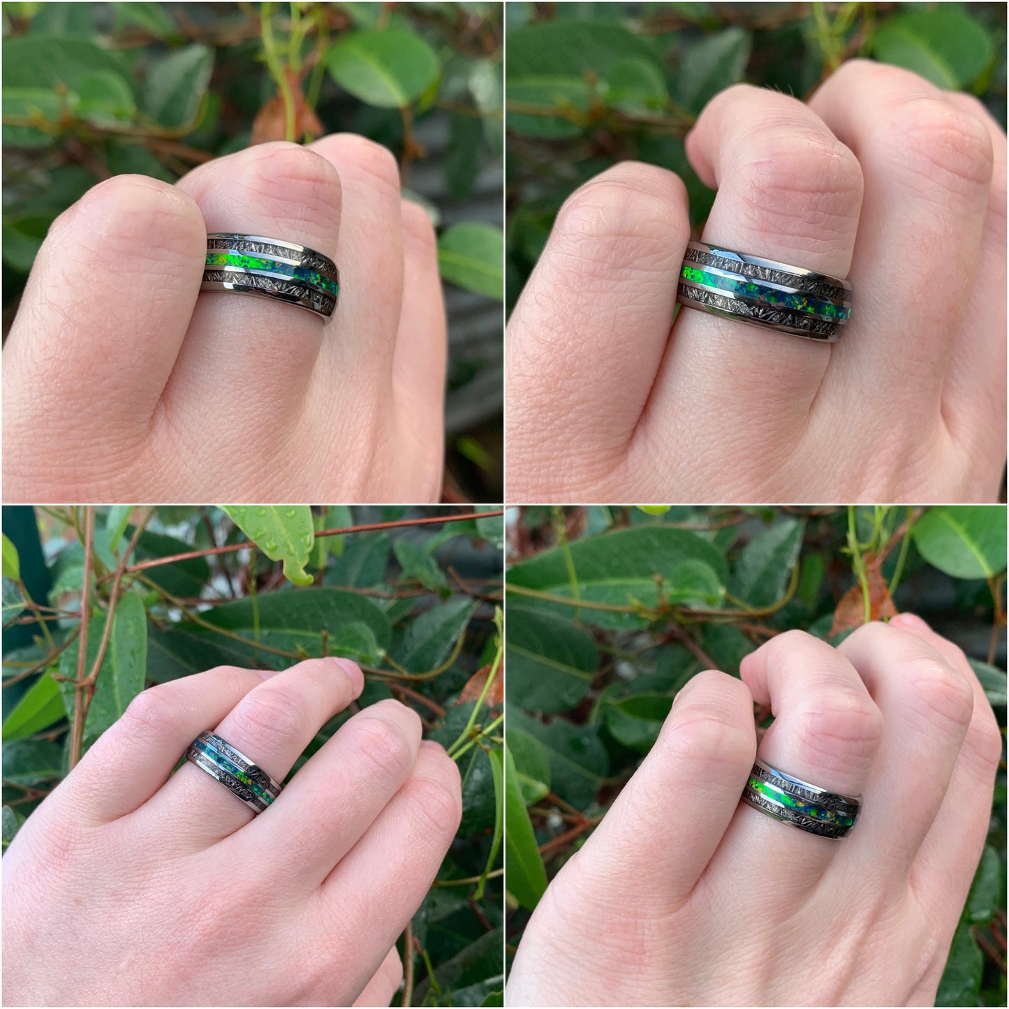 Hand shot of opal rings for men with polished silver Tungsten, opal, and meteorite inlay.